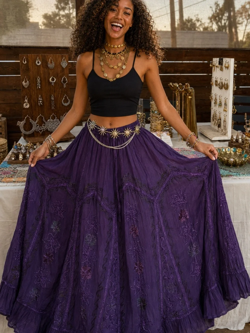 Bohemian Embroidered Maxi Skirt - Burgundy